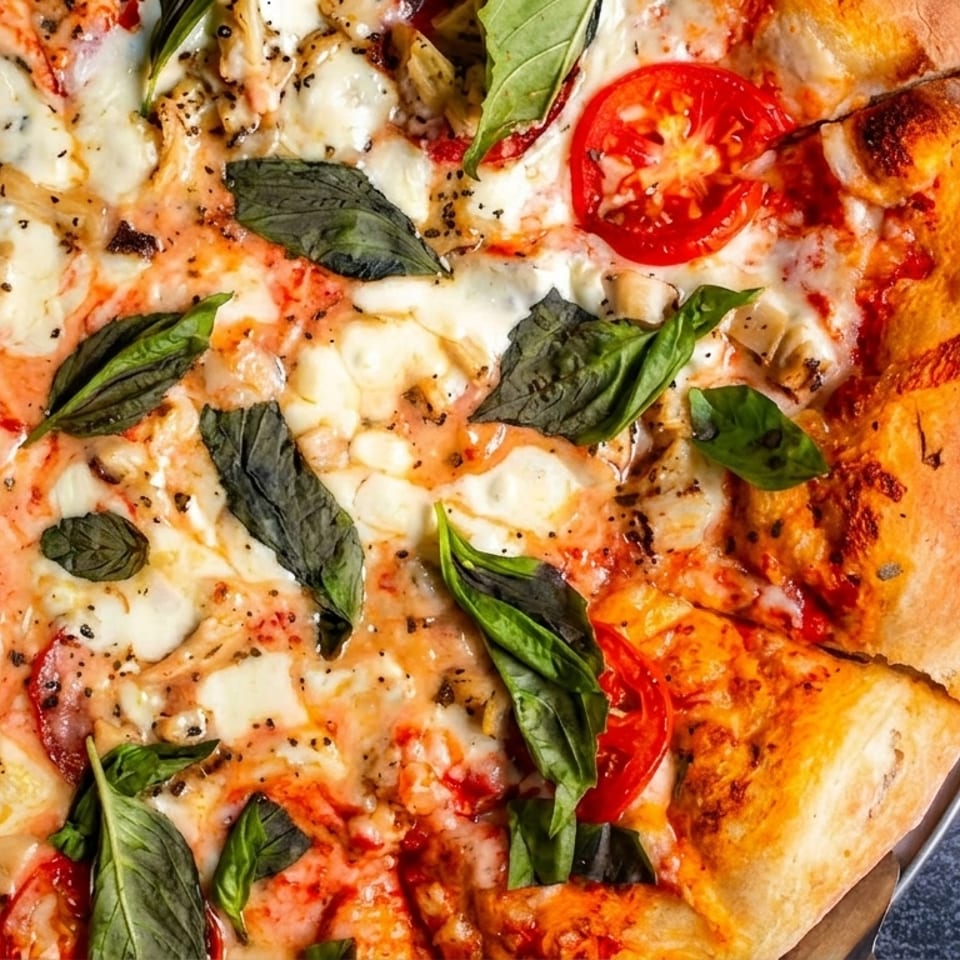 Close-up of a freshly baked pizza with melted cheese, sliced tomatoes, and fresh basil leaves.