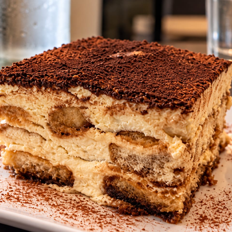 Slice of layered tiramisu dusted with cocoa powder on a white plate at a restaurant table.