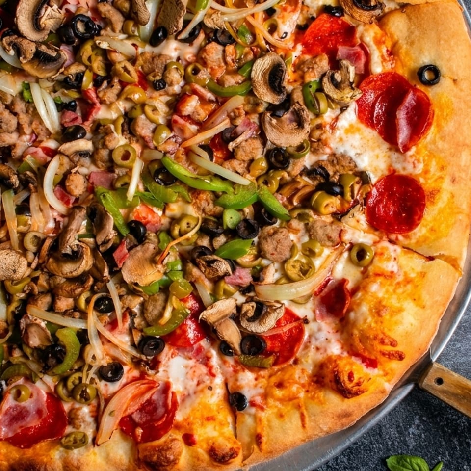A large, hot pizza with pepperoni, mushrooms, olives, onions, and green peppers on a metal pan.