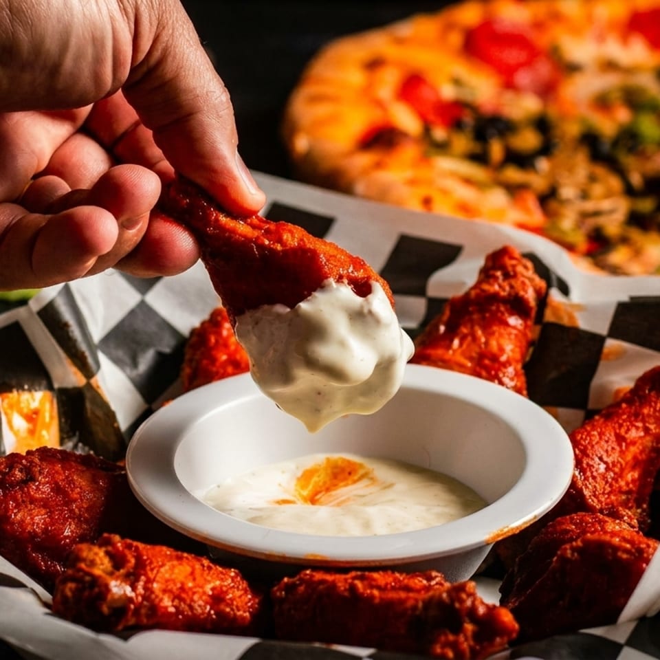 A hand dips a buffalo chicken wing into a white sauce, with a pizza in the background.