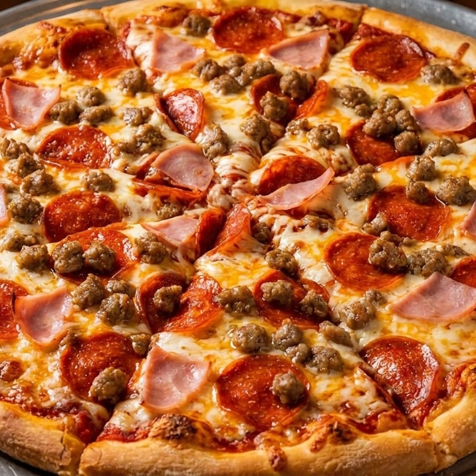 A whole meat lover's pizza with pepperoni, sausage, and ham on a metal tray.