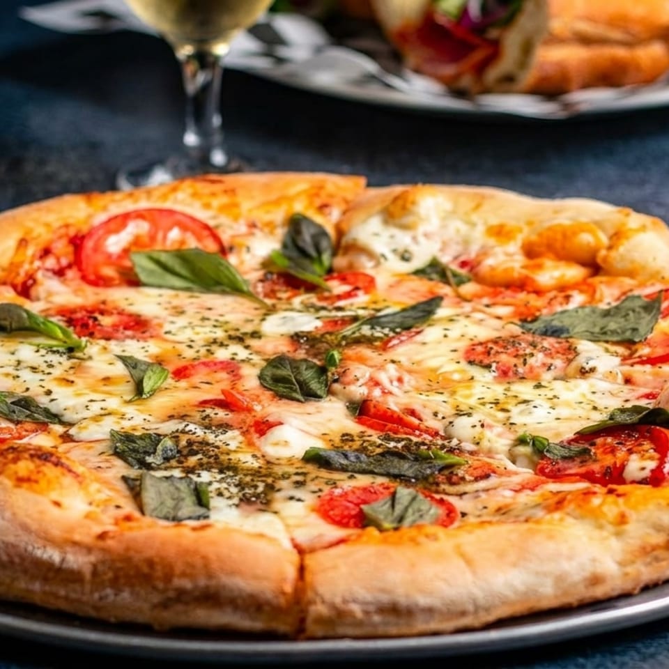 Freshly baked Margherita pizza with basil, tomatoes, and mozzarella cheese on a dark table.