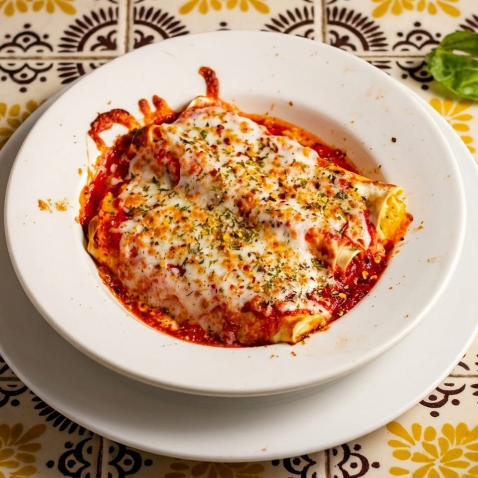 Baked manicotti with melted cheese and red sauce, garnished with basil on a patterned tile table.
