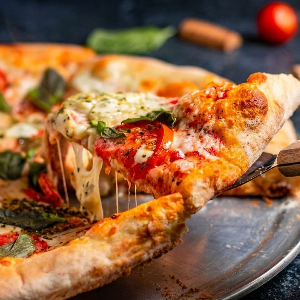 A hand lifts a cheesy slice of pizza with tomatoes and basil from a metal pan.